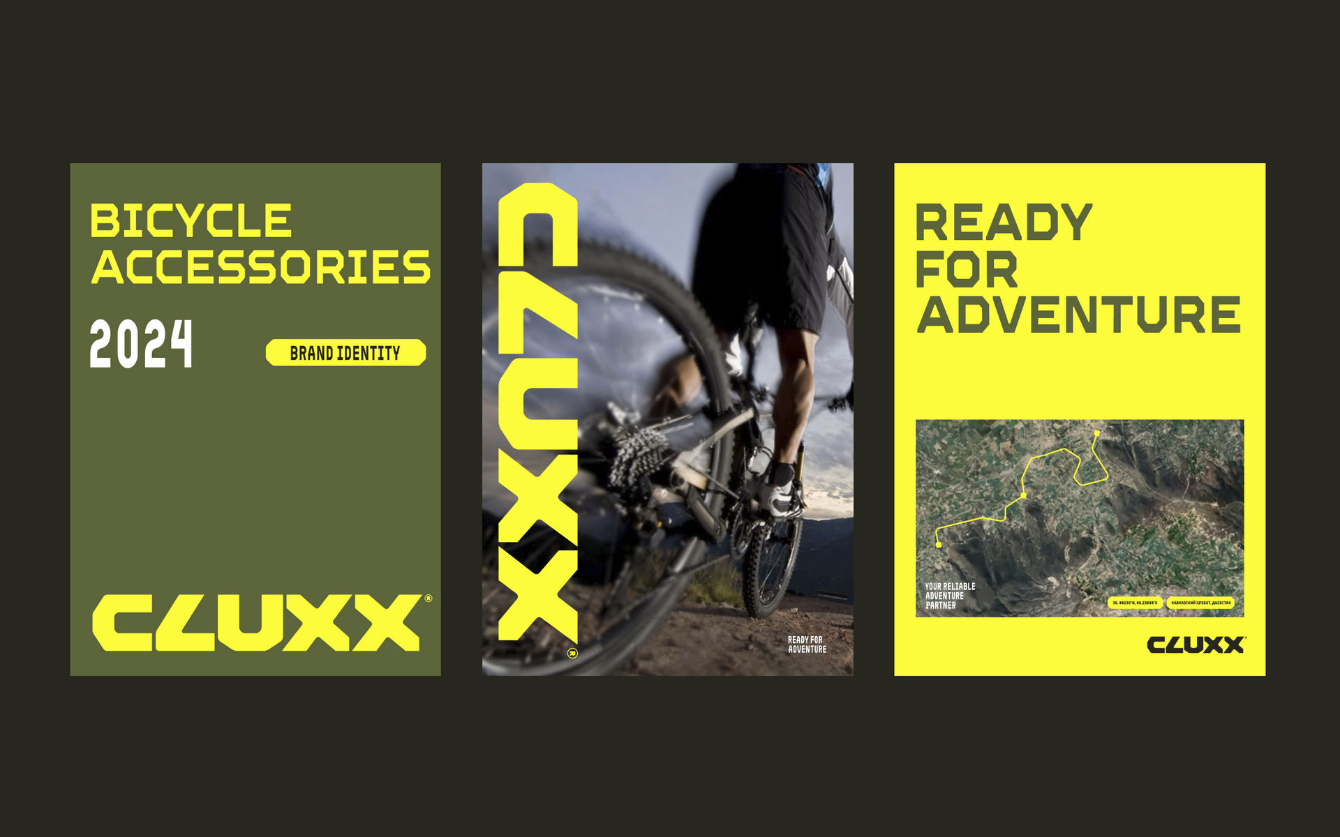 CLUXX premium bicycle accessories brand hero — bold yellow accent color on swamp green background