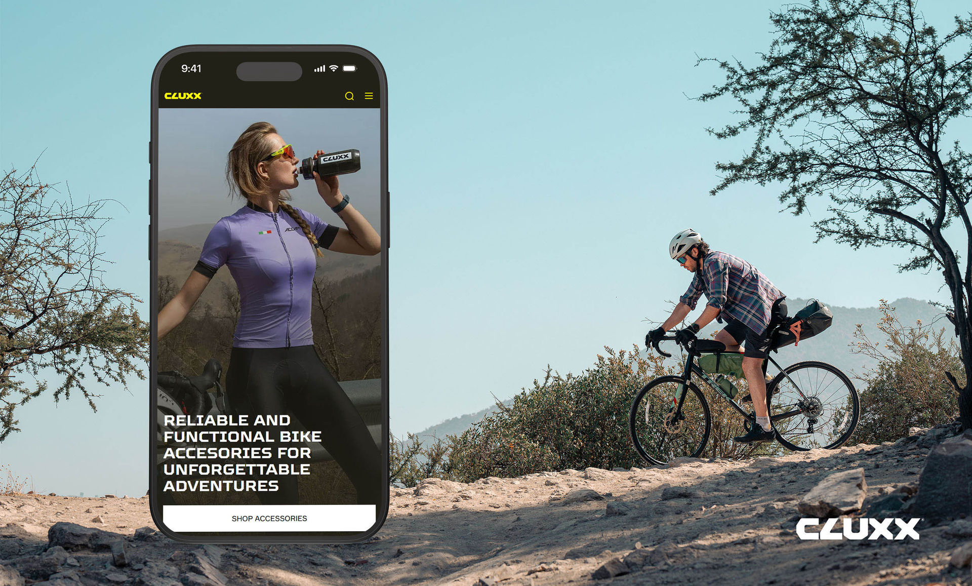 CLUXX multilingual e-commerce website hero — premium bicycle accessories digital presence