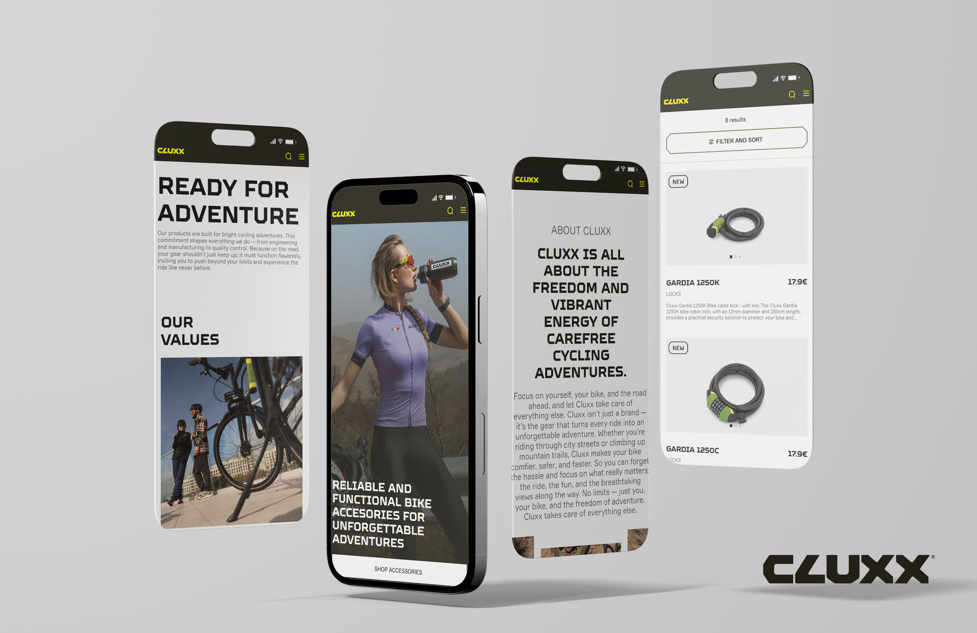 CLUXX website design — multilingual UX/UI with product photography